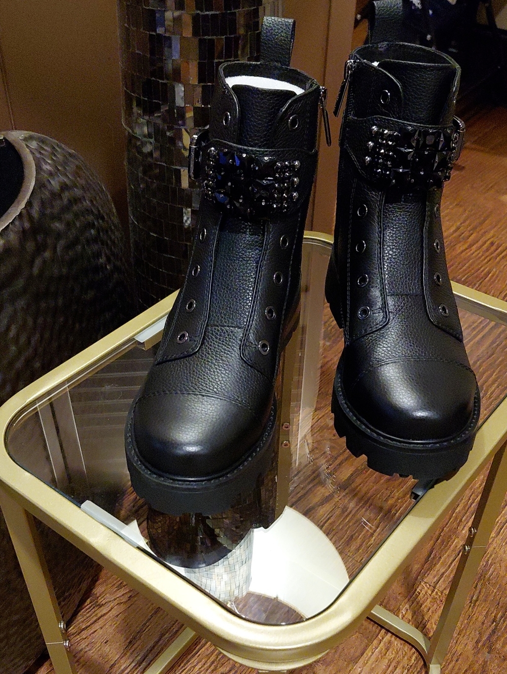 Karl Lagerfeld Black Leather Studded Lace-Up Ankle Boots